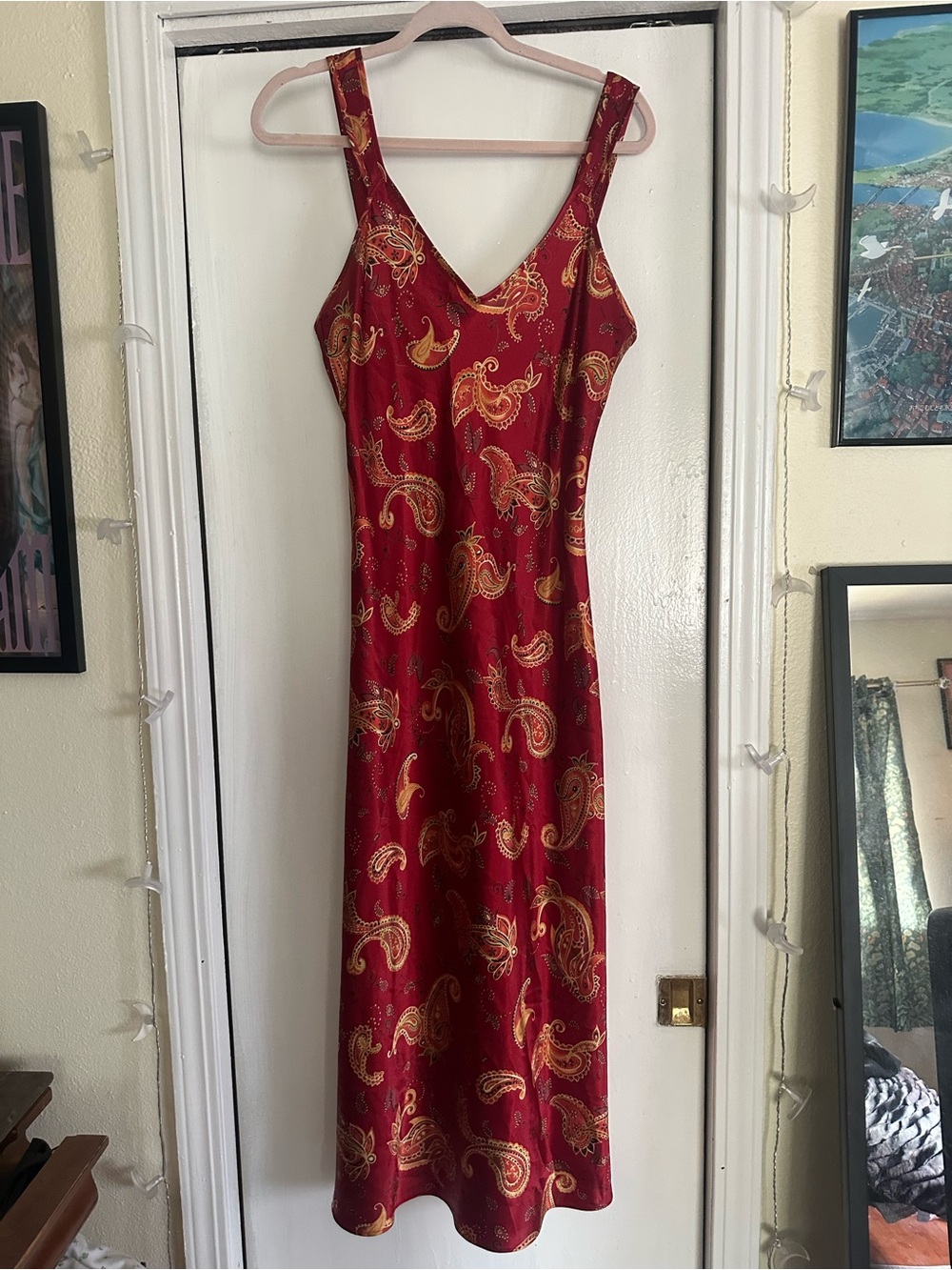 Jones New York Red Paisley Slip Maxi Dress with Gold Accent